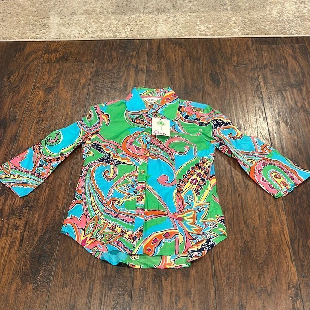 Lilly Pulitzer Multi Color Button Up 3/4 Sleeves Sz. 0 new Nola shirt brand new
